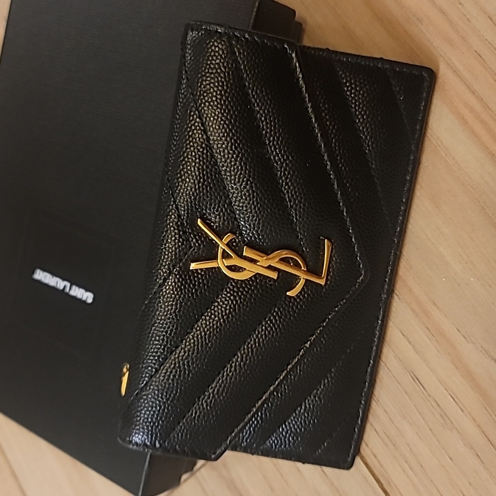 Saint Laurent YSL Black Cheveron Card Holder with Box